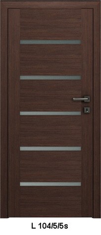 Fornirowane skrzydło bezprzylgowe z poziomymi przeszkleniami, ciemne drewno, klamka i zamek po prawej stronie.